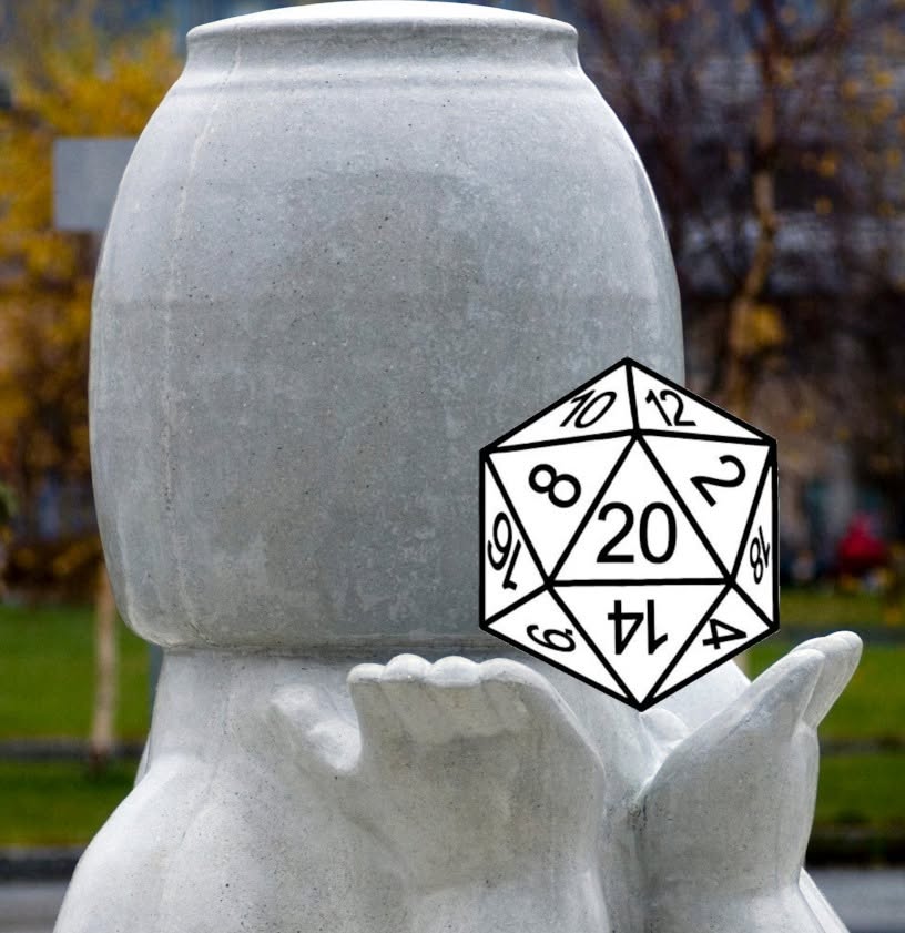 HTTerning Statue with a die hovering in their hand